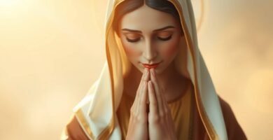 Nahaufnahme der Heiligen Rita, die mit geschlossenen Augen betet, mit einem Hintergrund in Weiß und Rosa mit Farbverlauf und einem sanften Licht, das vom Himmel fällt und die Szene mit einer göttlichen Note erhellt.