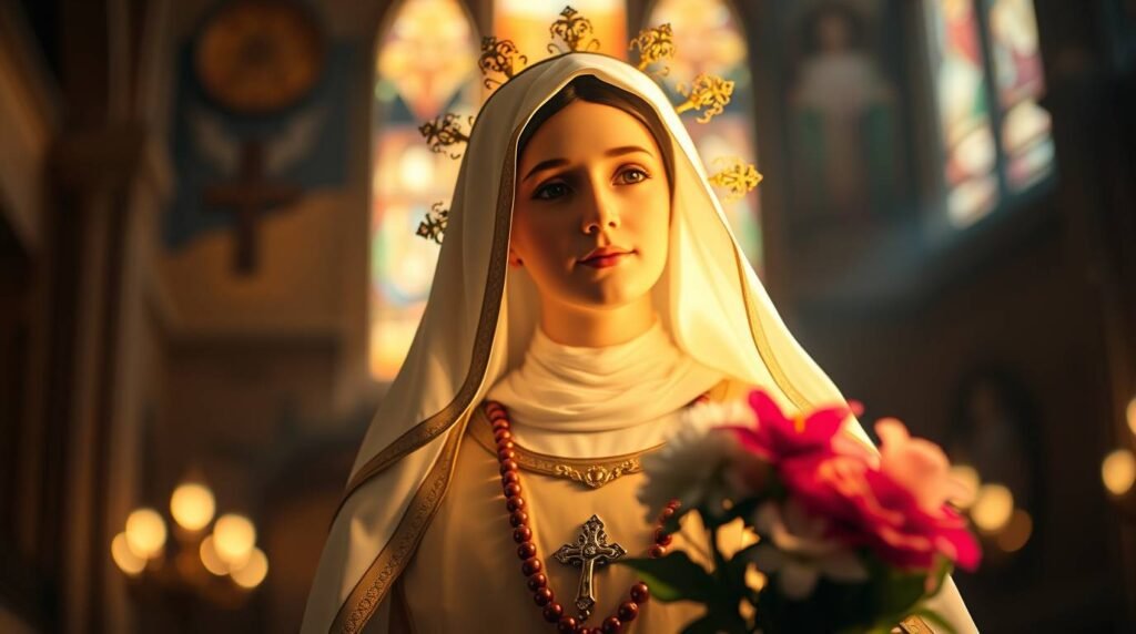 Bild der Heiligen Rita lächelnd in einer Kirche mit einem Strauß weißer und rosa Blumen in den Händen