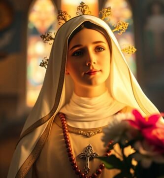 Bild der Heiligen Rita lächelnd in einer Kirche mit einem Strauß weißer und rosa Blumen in den Händen