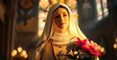 Bild der Heiligen Rita lächelnd in einer Kirche mit einem Strauß weißer und rosa Blumen in den Händen