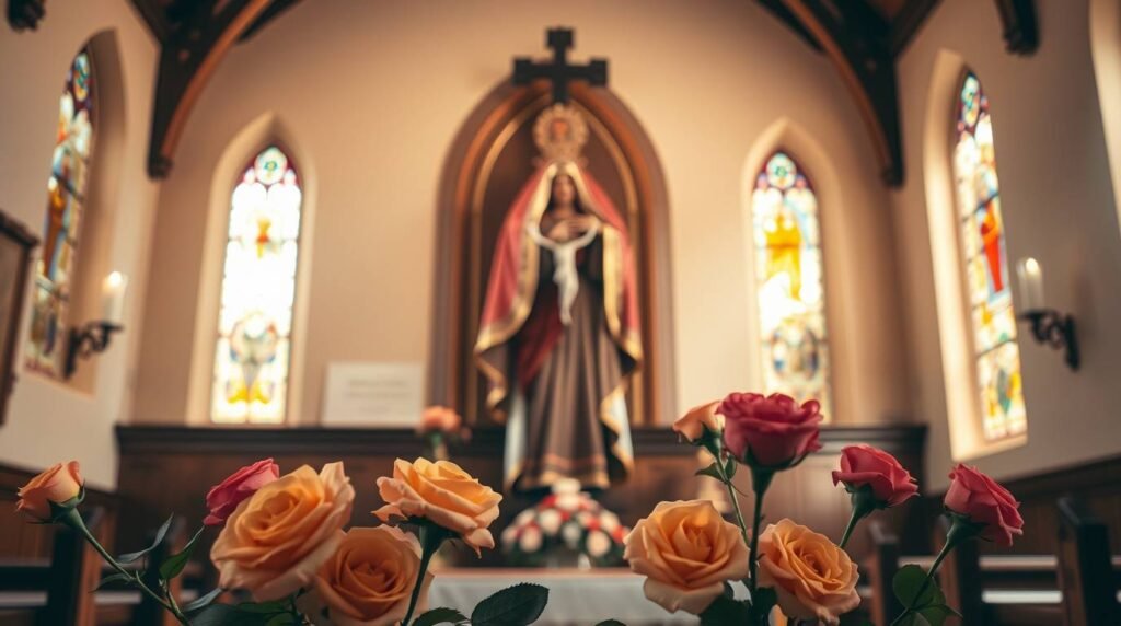 Bild des Innenraums einer Kirche mit Blick auf den Altar mit dem Bild der Jungfrau Maria und zwei verzierten Fenstern an den Seiten. Im Vordergrund sehen wir einige gelbe und rote Blumen.