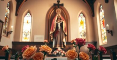 Bild des Innenraums einer Kirche mit Blick auf den Altar mit dem Bild der Jungfrau Maria und zwei verzierten Fenstern an den Seiten. Im Vordergrund sehen wir einige gelbe und rote Blumen.