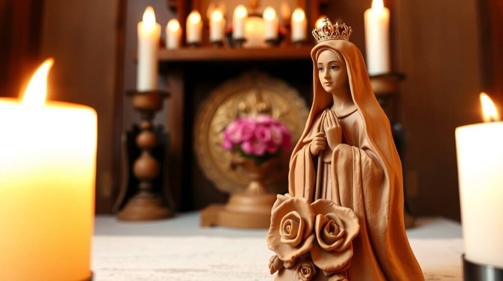 Bild einer kleinen rosa Statue der Heiligen Rita, die auf einem Tisch neben zwei Kerzen und religiösen Ornamenten im Hintergrund steht.