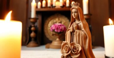 Bild einer kleinen rosa Statue der Heiligen Rita, die auf einem Tisch neben zwei Kerzen und religiösen Ornamenten im Hintergrund steht.