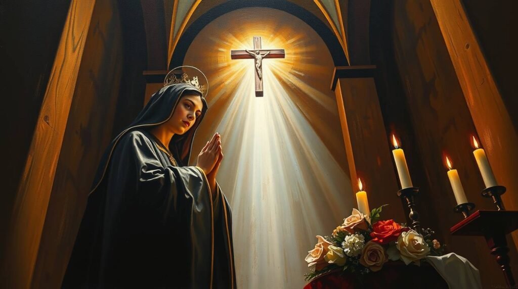 Bild im Malstil der betenden Heiligen Rita in einer Kapelle mit brennenden Kerzen, einem Blumenstrauß auf dem Boden und einem Kreuz mit Christus an der Decke, von dem ein intensives Licht ausgeht.