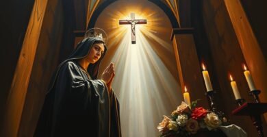 Bild im Malstil der betenden Heiligen Rita in einer Kapelle mit brennenden Kerzen, einem Blumenstrauß auf dem Boden und einem Kreuz mit Christus an der Decke, von dem ein intensives Licht ausgeht.