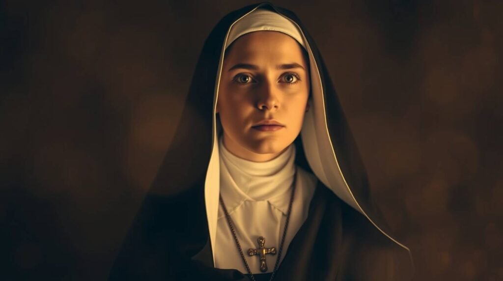 Bild der Heiligen Therese, die geradeaus ins Leere blickt, mit einem unscharfen braunen Hintergrund, der das Bild an den Rändern unscharf macht.