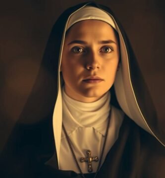 Bild der Heiligen Therese, die geradeaus ins Leere blickt, mit einem unscharfen braunen Hintergrund, der das Bild an den Rändern unscharf macht.