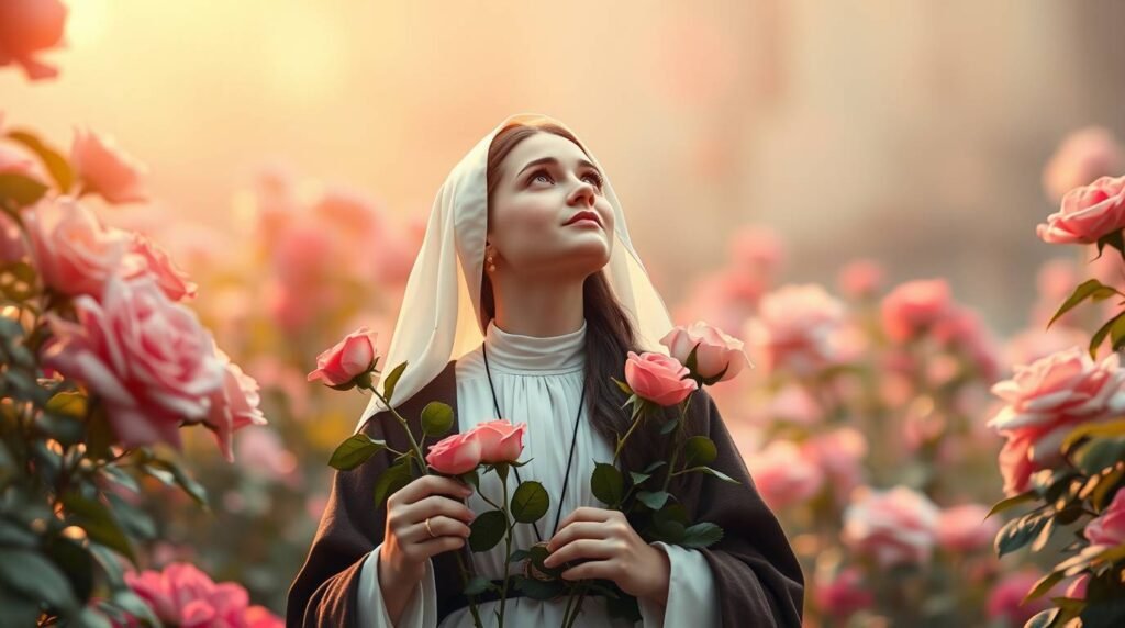 Bild der Heiligen Teresa in einem Feld mit rosa Blumen mit Blumen in ihren Händen, die in den Himmel blickt, in den ein himmlisches Licht schwach fällt