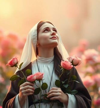 Bild der Heiligen Teresa in einem Feld mit rosa Blumen mit Blumen in ihren Händen, die in den Himmel blickt, in den ein himmlisches Licht schwach fällt