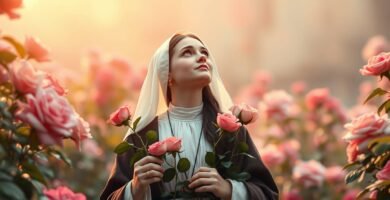 Bild der Heiligen Teresa in einem Feld mit rosa Blumen mit Blumen in ihren Händen, die in den Himmel blickt, in den ein himmlisches Licht schwach fällt