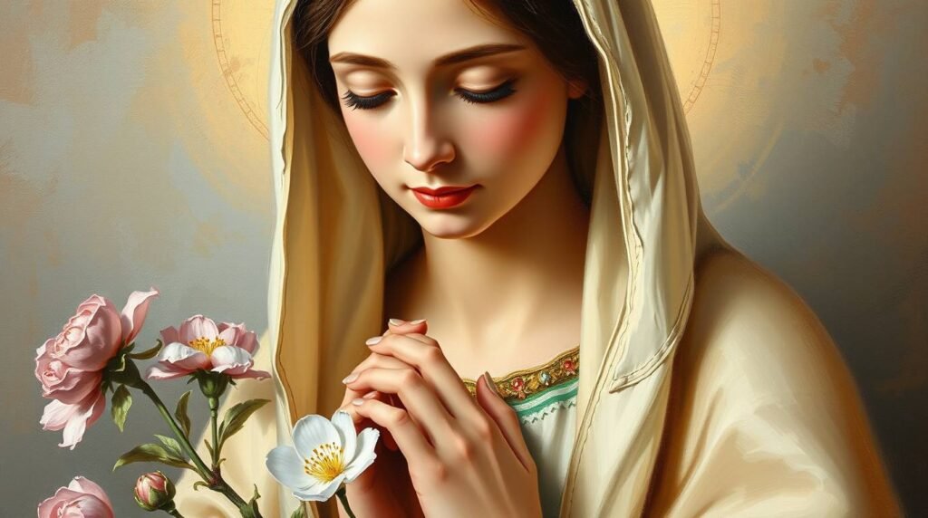 Nahaufnahme der Jungfrau Maria mit geschlossenen Augen, die eine Rose in der Hand hält, auf einem dunkel-weißen Hintergrund mit einer religiösen Atmosphäre, ähnlich alten Heiligenfotografien.