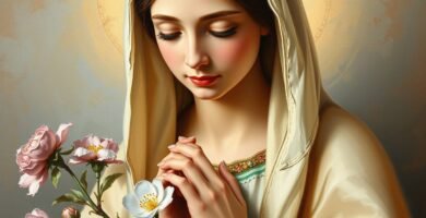 Nahaufnahme der Jungfrau Maria mit geschlossenen Augen, die eine Rose in der Hand hält, auf einem dunkel-weißen Hintergrund mit einer religiösen Atmosphäre, ähnlich alten Heiligenfotografien.