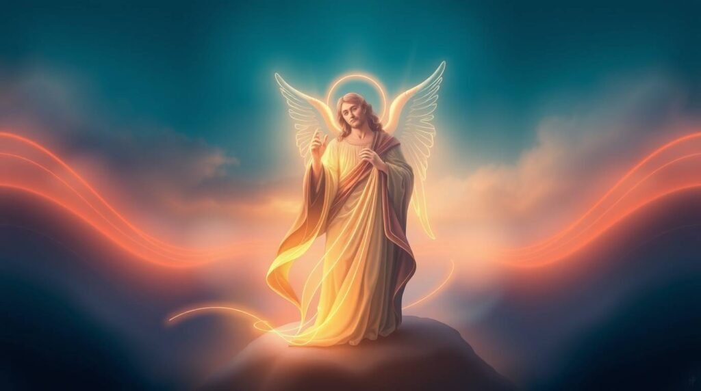 Bild von Jesus Christus mit Flügeln und einem Ring auf dem Kopf, mit erhobenen Händen und einer himmlischen Aura um ihn herum, im Hintergrund der Himmel mit Wolken