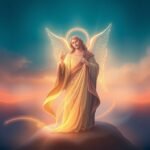Bild von Jesus Christus mit Flügeln und einem Ring auf dem Kopf, mit erhobenen Händen und einer himmlischen Aura um ihn herum, im Hintergrund der Himmel mit Wolken