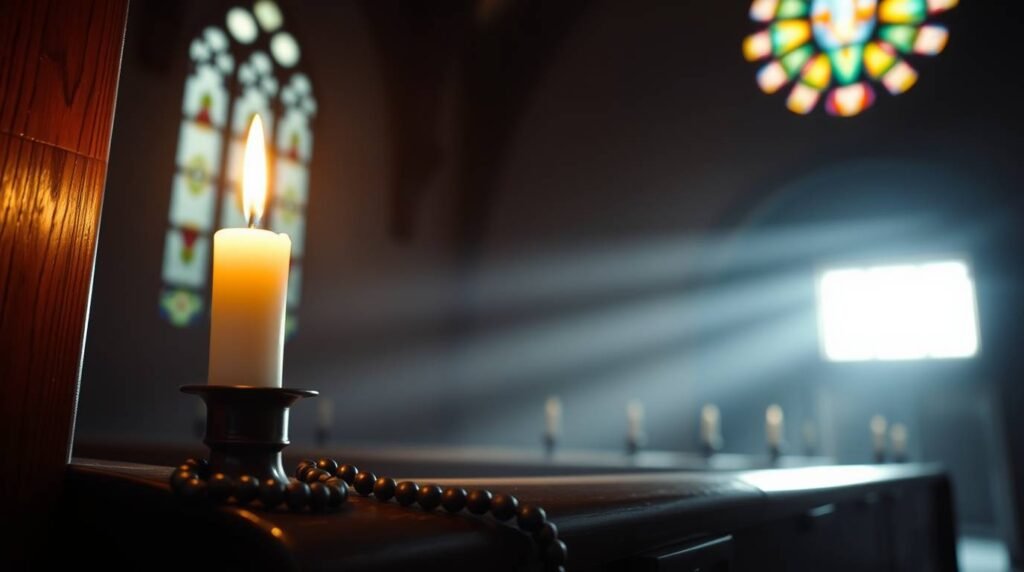Bild einer brennenden Kerze in einer leeren Kirche, in die intensives Licht durch ein Fenster fällt und die Szene erhellt