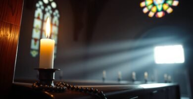 Bild einer brennenden Kerze in einer leeren Kirche, in die intensives Licht durch ein Fenster fällt und die Szene erhellt