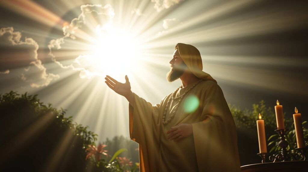 Bild von Jesus auf dem Feld neben einigen Kerzen, der seine Hand zum Himmel erhebt, mit einem Himmel voller Wolken, aber klar in der Mitte, von wo aus er ein intensives Licht ausstrahlt, das die gesamte Umgebung erhellt