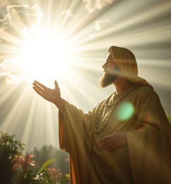 Bild von Jesus auf dem Feld neben einigen Kerzen, der seine Hand zum Himmel erhebt, mit einem Himmel voller Wolken, aber klar in der Mitte, von wo aus er ein intensives Licht ausstrahlt, das die gesamte Umgebung erhellt