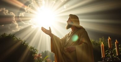 Bild von Jesus auf dem Feld neben einigen Kerzen, der seine Hand zum Himmel erhebt, mit einem Himmel voller Wolken, aber klar in der Mitte, von wo aus er ein intensives Licht ausstrahlt, das die gesamte Umgebung erhellt