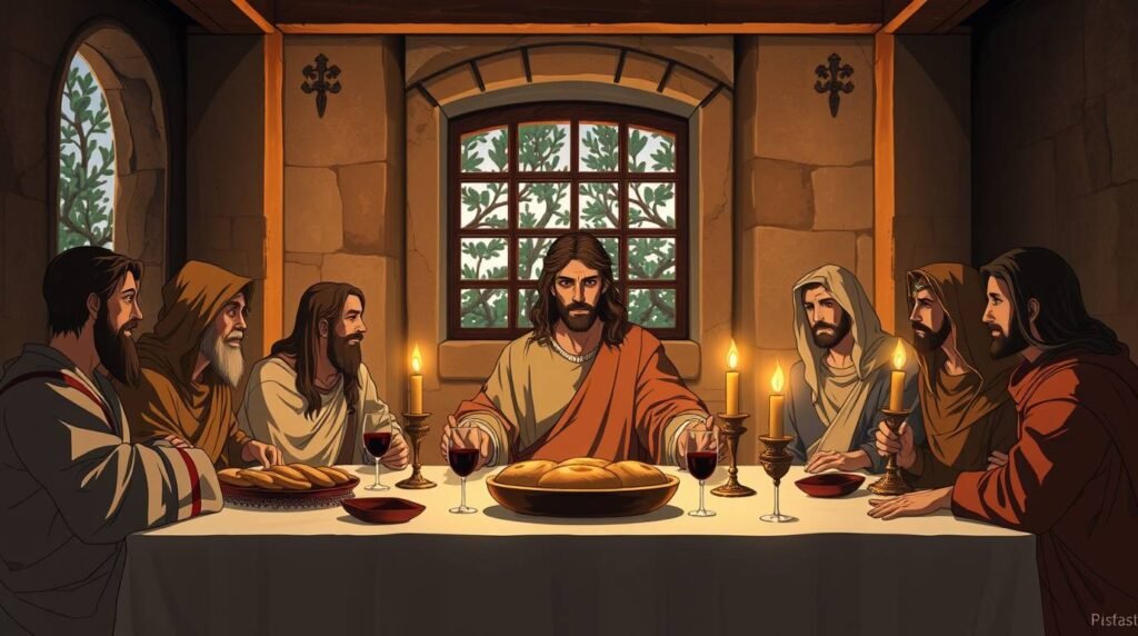 Karikaturbild von Jesus mit seinen Jüngern beim letzten Abendmahl