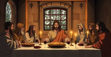 Karikaturbild von Jesus mit seinen Jüngern beim letzten Abendmahl