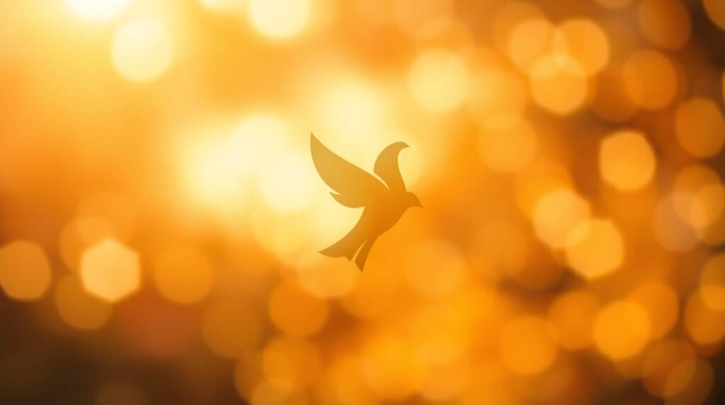 Bild einer Taubensilhouette in einem unscharfen Stilbild mit Farben und Lichtstrahlen