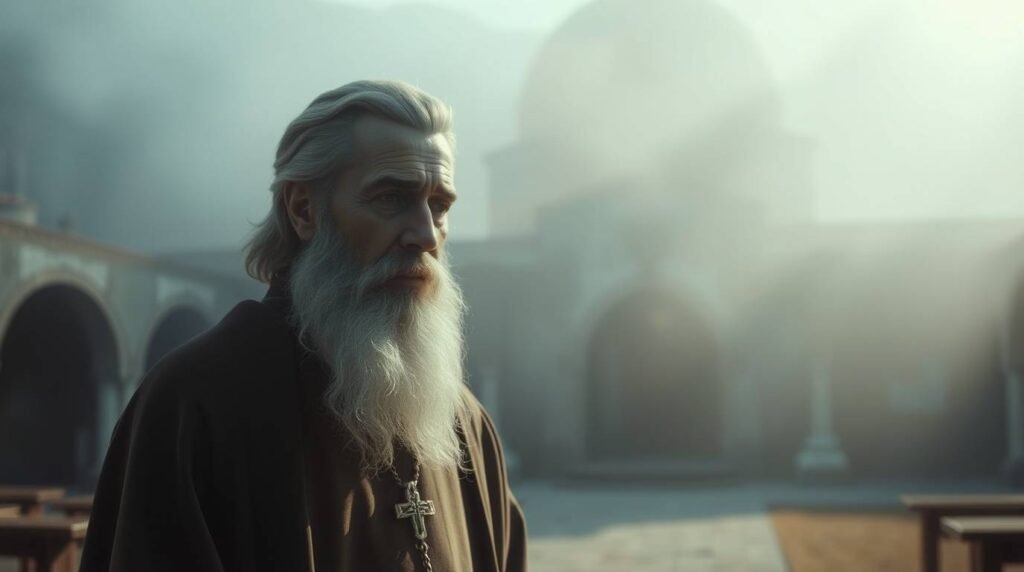 Bild des Heiligen Charbel im Hof eines Klosters, der nach rechts blickt, während ein intensives Licht vom Himmel fällt und die Szene erhellt, als wäre es Nebel.