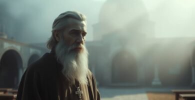 Bild des Heiligen Charbel im Hof eines Klosters, der nach rechts blickt, während ein intensives Licht vom Himmel fällt und die Szene erhellt, als wäre es Nebel.