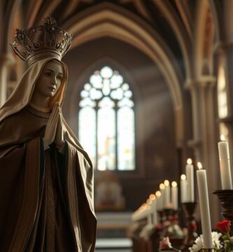 Bild der Jungfrau Maria in einer Kirche mit brennenden Kerzen und Blumen an den Seiten, im Hintergrund sieht man in der Ferne ein Fenster und an den Seiten der Kirche Fenster, durch die Lichtstrahlen einfallen.