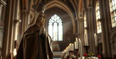 Bild der Jungfrau Maria in einer Kirche mit brennenden Kerzen und Blumen an den Seiten, im Hintergrund sieht man in der Ferne ein Fenster und an den Seiten der Kirche Fenster, durch die Lichtstrahlen einfallen.