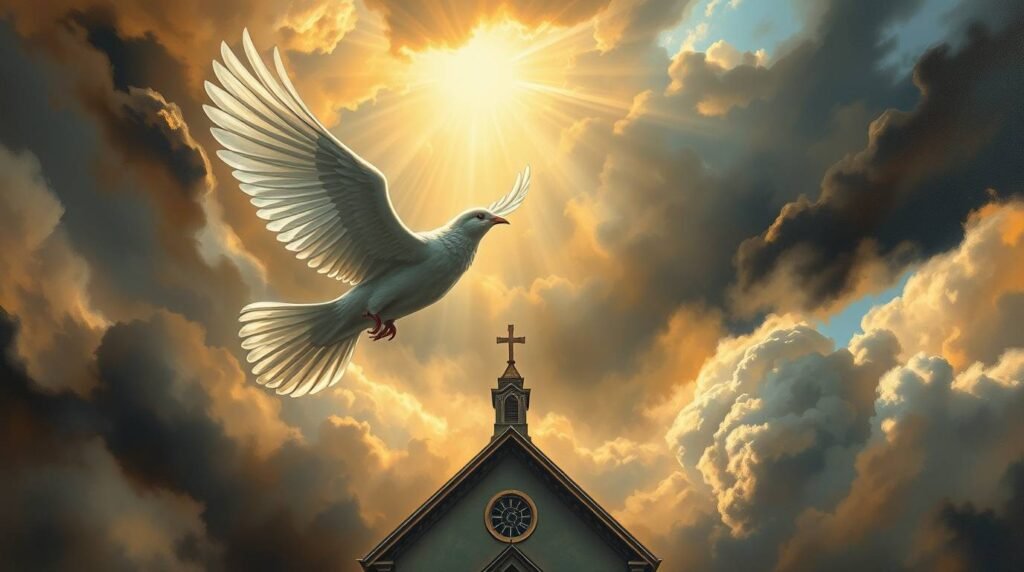 Bild einer weißen Taube, die über dem Dach einer Kirche fliegt, während der Himmel voller Wolken ist und ein intensives Licht fällt, das alle Wolken mit einer goldenen Farbe erhellt