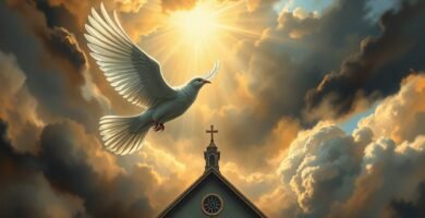 Bild einer weißen Taube, die über dem Dach einer Kirche fliegt, während der Himmel voller Wolken ist und ein intensives Licht fällt, das alle Wolken mit einer goldenen Farbe erhellt