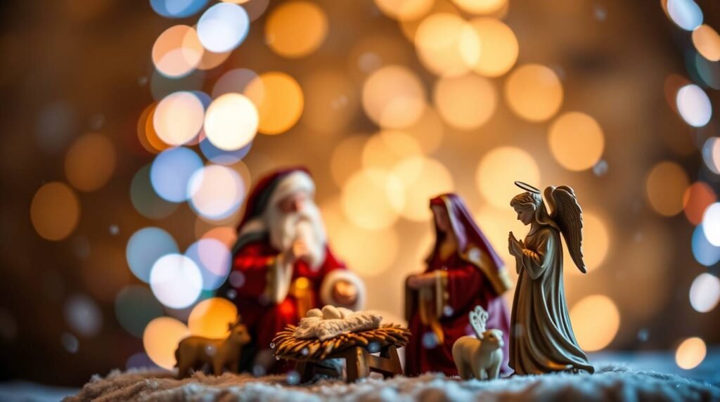 Abbildung in kleinen Puppen einer selbstgemachten Weihnachtskrippe von Maria neben den Engeln in der Krippe neben einer kleinen Weihnachtsmannpuppe.