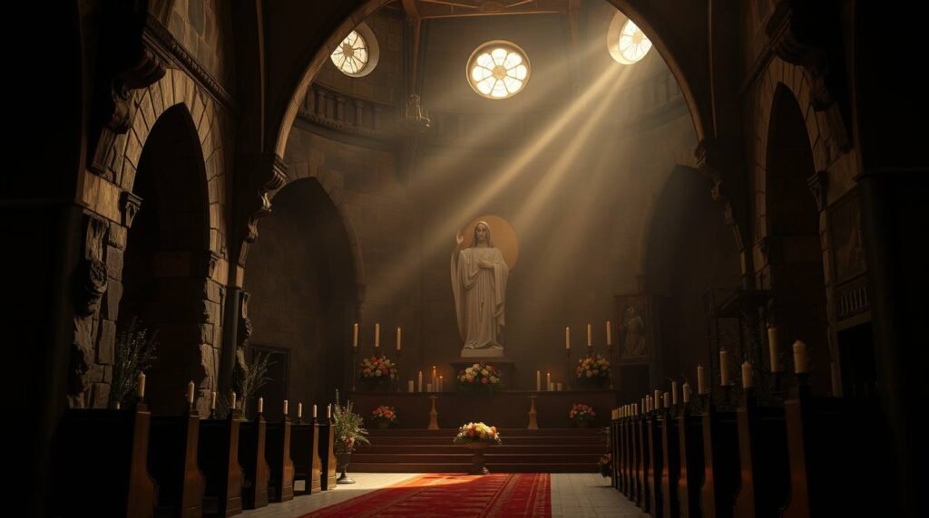 Bild des Innenraums einer leeren Kirche mit der Statue der Jungfrau Maria auf dem Sockel und drei Fenstern im Dach, die die Statue mit Lichtstrahlen beleuchten.