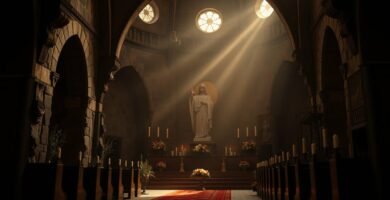 Bild des Innenraums einer leeren Kirche mit der Statue der Jungfrau Maria auf dem Sockel und drei Fenstern im Dach, die die Statue mit Lichtstrahlen beleuchten.