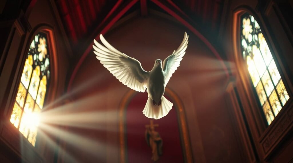 Bild einer weißen Taube, die in einer Kirche mit zwei Fenstern an den Seiten fliegt, durch die Lichtstrahlen einfallen und die Taube beleuchten.
