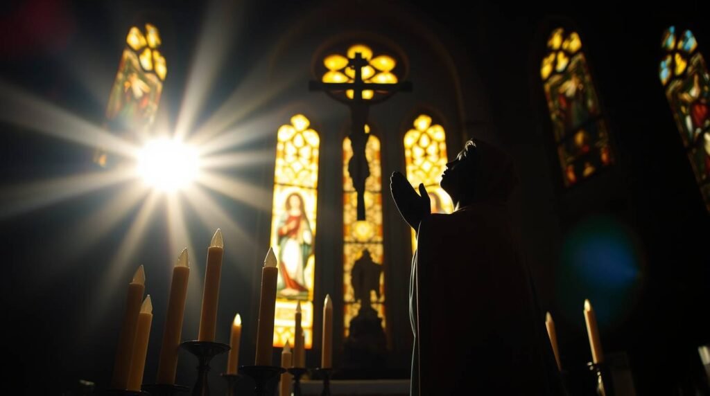 Bild des Inneren einer Kirche im Morgengrauen mit einem Priester, der mit seinen Händen zum Himmel betet, und einem intensiven Lichtstrahl, der durch eines der Fenster einfällt