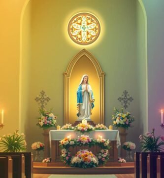 Bild des Innenraums einer katholischen Kapelle mit dem Bild der Jungfrau Maria auf dem Altar, zwei Kreuzen an den Seiten, brennenden Kerzen und rosa Blumen überall, die Kirche ist leer