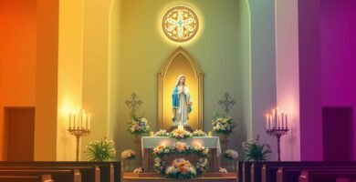 Bild des Innenraums einer katholischen Kapelle mit dem Bild der Jungfrau Maria auf dem Altar, zwei Kreuzen an den Seiten, brennenden Kerzen und rosa Blumen überall, die Kirche ist leer