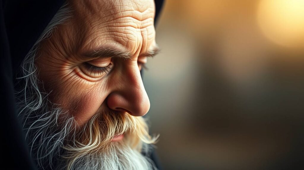 Nahaufnahme eines alten Mannes, der mit geschlossenen Augen betet