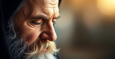 Nahaufnahme eines alten Mannes, der mit geschlossenen Augen betet