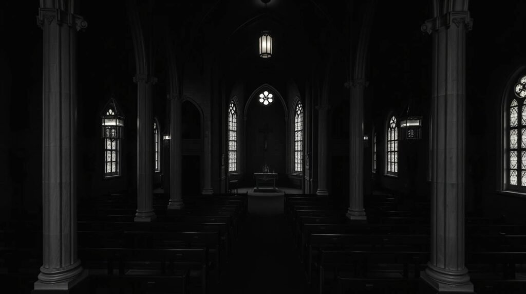 Dunkles Bild des Innenraums einer leeren Kirche mit einem Altar während einer Trauermesse, das Bild ist schlecht beleuchtet