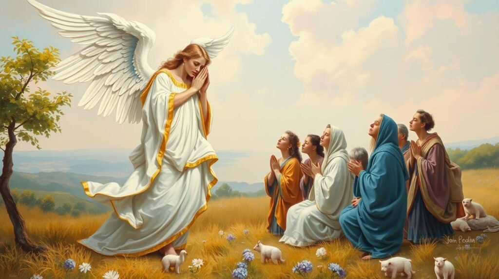 Bild eines Engels mit den Händen auf dem Kopf auf dem Feld neben einer Gruppe von Menschen auf den Knien mit einem klaren Himmel im Hintergrund