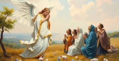 Bild eines Engels mit den Händen auf dem Kopf auf dem Feld neben einer Gruppe von Menschen auf den Knien mit einem klaren Himmel im Hintergrund