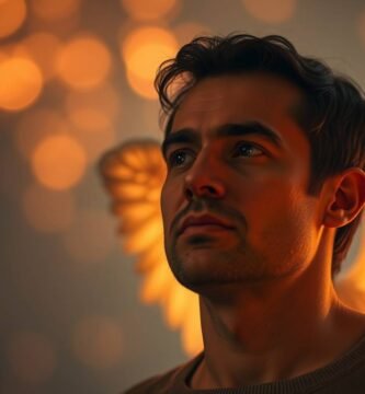 Bild eines erwachsenen Mannes, der nach oben schaut, mit einem intensiven Licht hinter ihm und einem Hintergrund mit Lichtern und den Flügeln eines Engels in Goldfarbe.