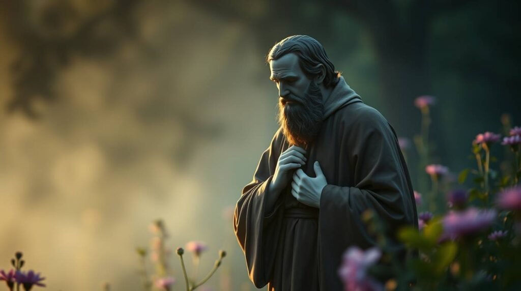 Bild der Statue eines Priesters, der mit den Händen auf der Brust und geschlossenen Augen auf einem Feld mit Blumen im Vordergrund und verschwommenen Bäumen im Hintergrund betet.