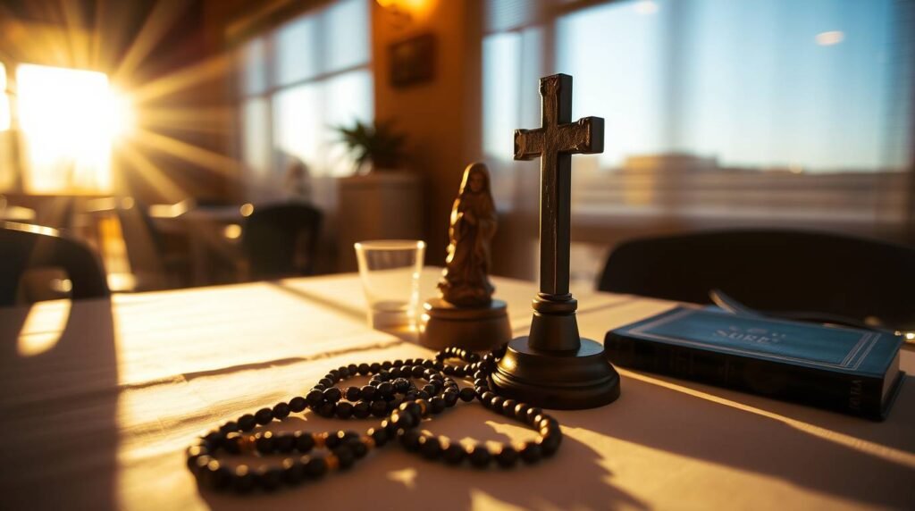 Bild eines Tisches mit einem Kreuz, einem Rosenkranz, einer Bibel und einem Glas Wasser. Im Hintergrund haben wir einen Ort ähnlich einem Restaurant mit intensivem Licht, das durch das Fenster hereinfällt