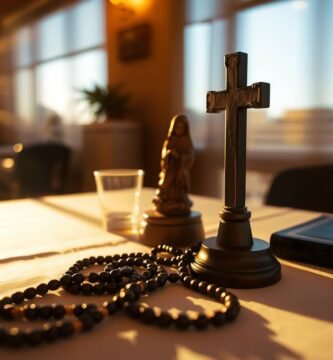 Bild eines Tisches mit einem Kreuz, einem Rosenkranz, einer Bibel und einem Glas Wasser. Im Hintergrund haben wir einen Ort ähnlich einem Restaurant mit intensivem Licht, das durch das Fenster hereinfällt