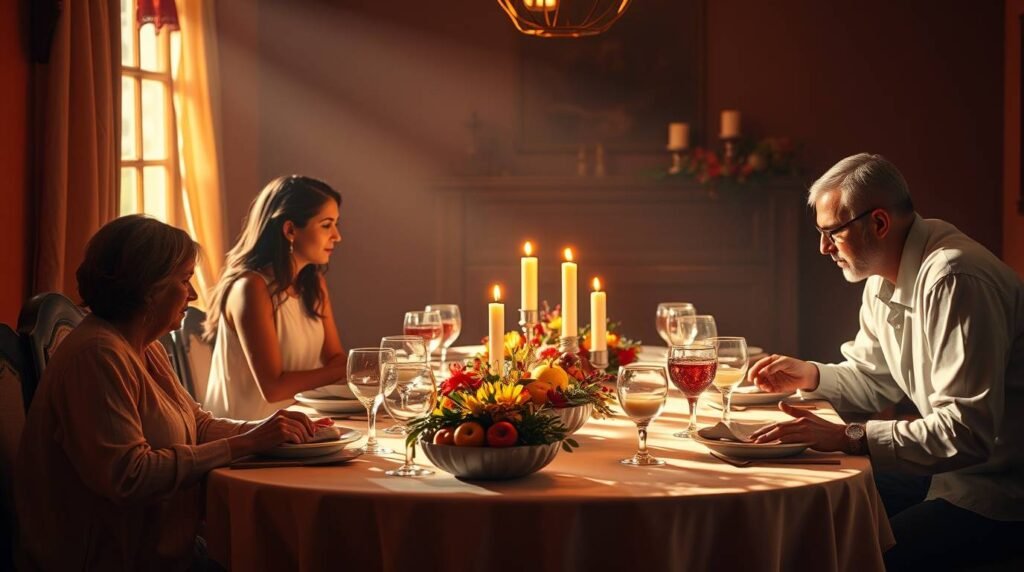 Bild einer Familie beim Abendessen mit brennenden Kerzen auf dem Tisch und Licht, das durch die Fenster fällt